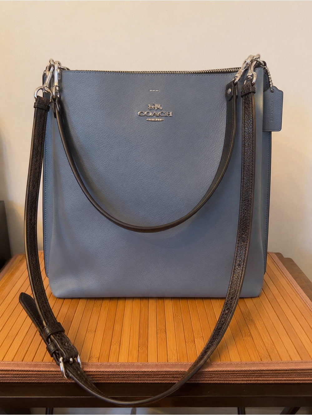 Coach Dusty Blue Leather Shoulder Bag with Black Straps